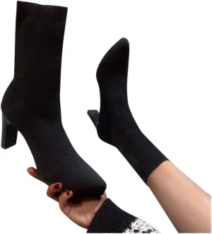 Hbeylia high heels dress boots for women ladies fashion casual stretch knit pointed toe dressy pump ankle booties comfort sexy winter fall slip on sock mid calf short boots for wedding christmas party