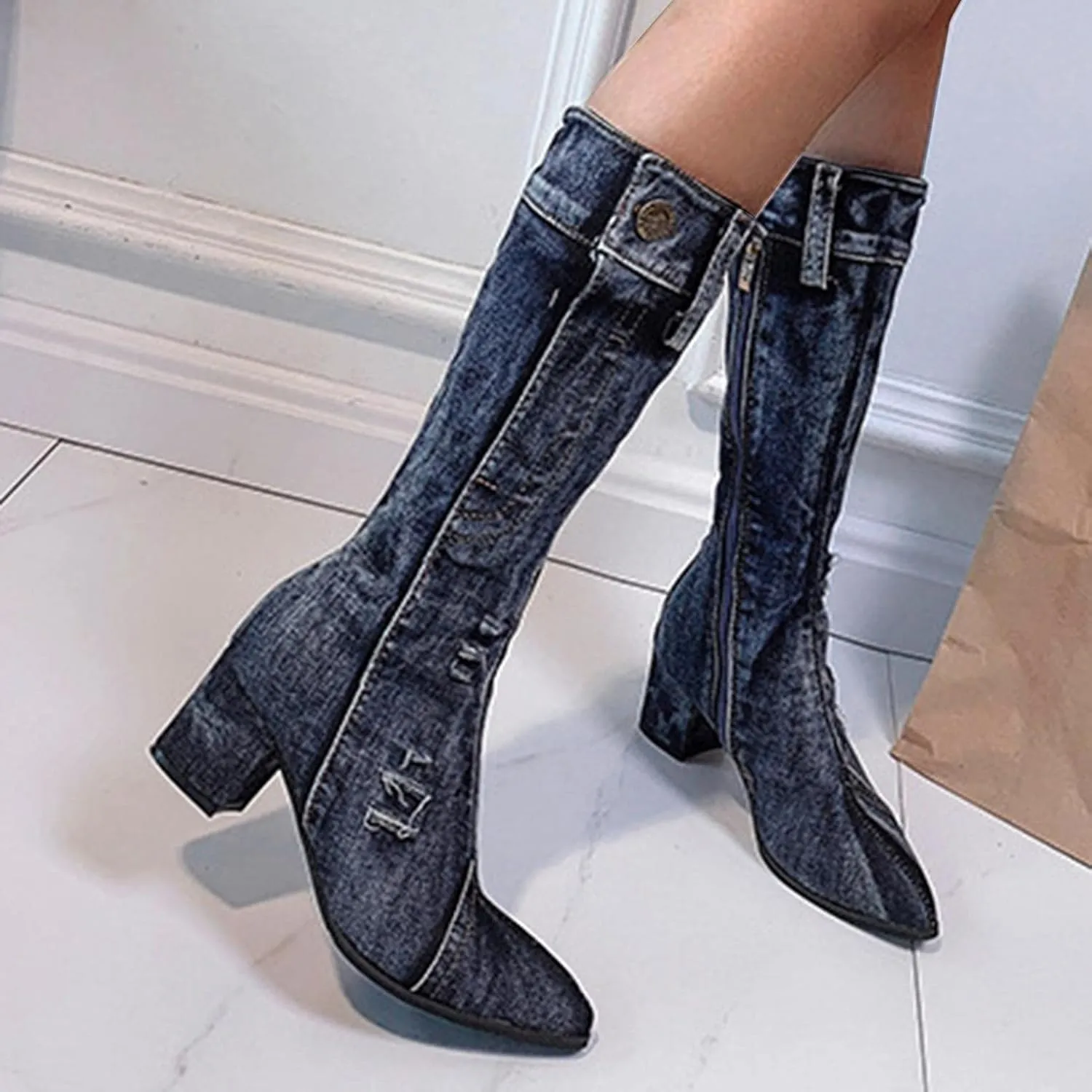 Hbeylia Knee High Jeans Tall Boots For Women Fashion Casual Punk Denim Pointed Toe Chunky Block Mid Heels Knee Length Long Boots Goth Winter Fall Dress Pump Boots For Ladies Night Party Favor