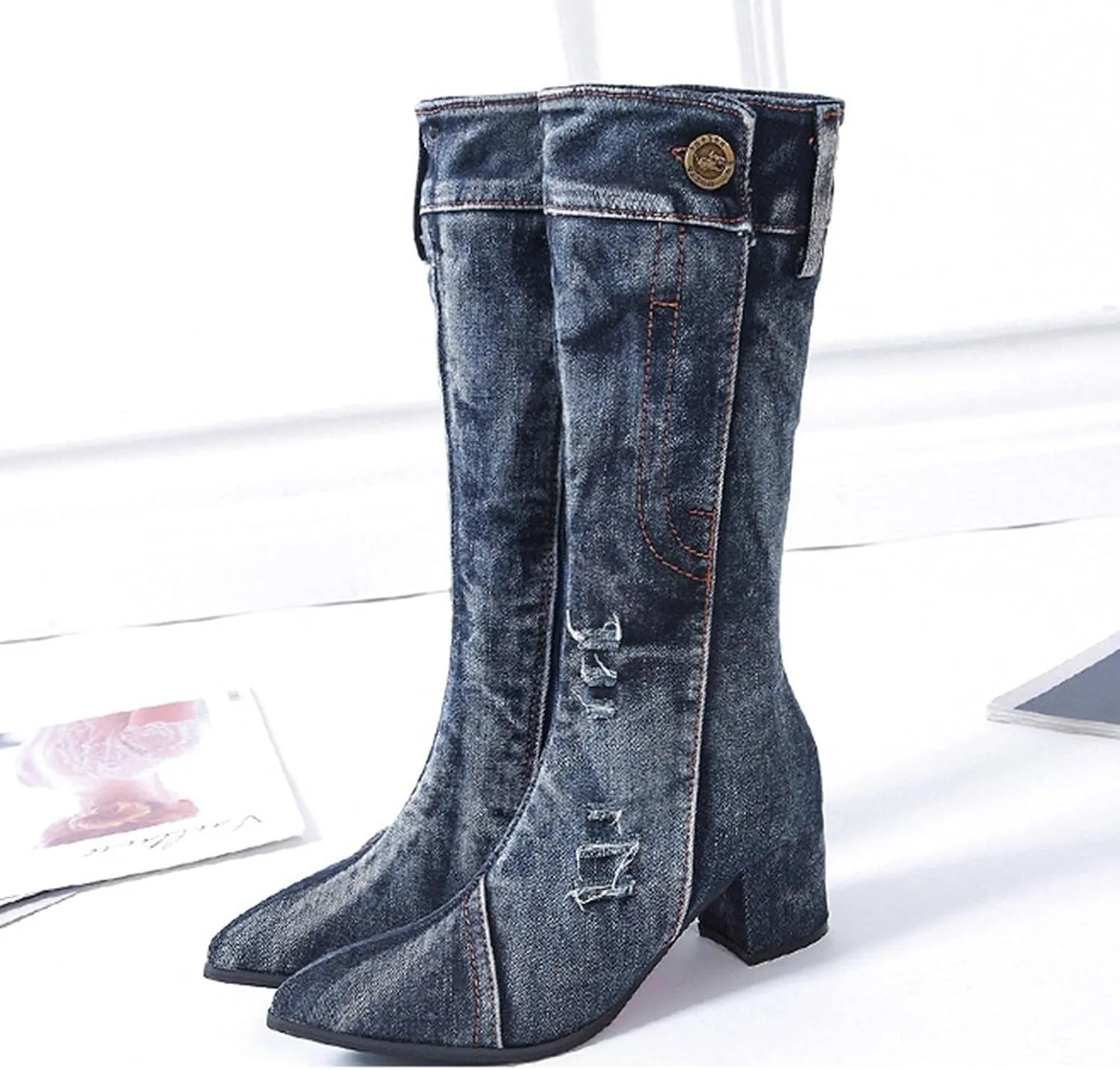Hbeylia Knee High Jeans Tall Boots For Women Fashion Casual Punk Denim Pointed Toe Chunky Block Mid Heels Knee Length Long Boots Goth Winter Fall Dress Pump Boots For Ladies Night Party Favor