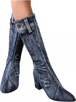 Hbeylia Knee High Jeans Tall Boots For Women Fashion Casual Punk Denim Pointed Toe Chunky Block Mid Heels Knee Length Long Boots Goth Winter Fall Dress Pump Boots For Ladies Night Party Favor