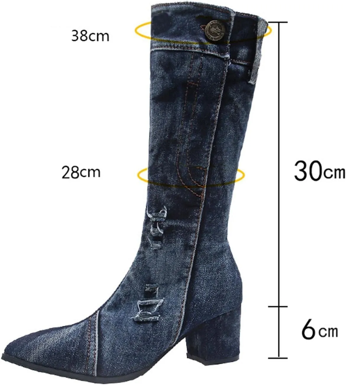 Hbeylia Knee High Jeans Tall Boots For Women Fashion Casual Punk Denim Pointed Toe Chunky Block Mid Heels Knee Length Long Boots Goth Winter Fall Dress Pump Boots For Ladies Night Party Favor