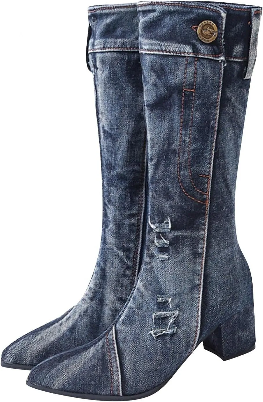 Hbeylia Knee High Jeans Tall Boots For Women Fashion Casual Punk Denim Pointed Toe Chunky Block Mid Heels Knee Length Long Boots Goth Winter Fall Dress Pump Boots For Ladies Night Party Favor