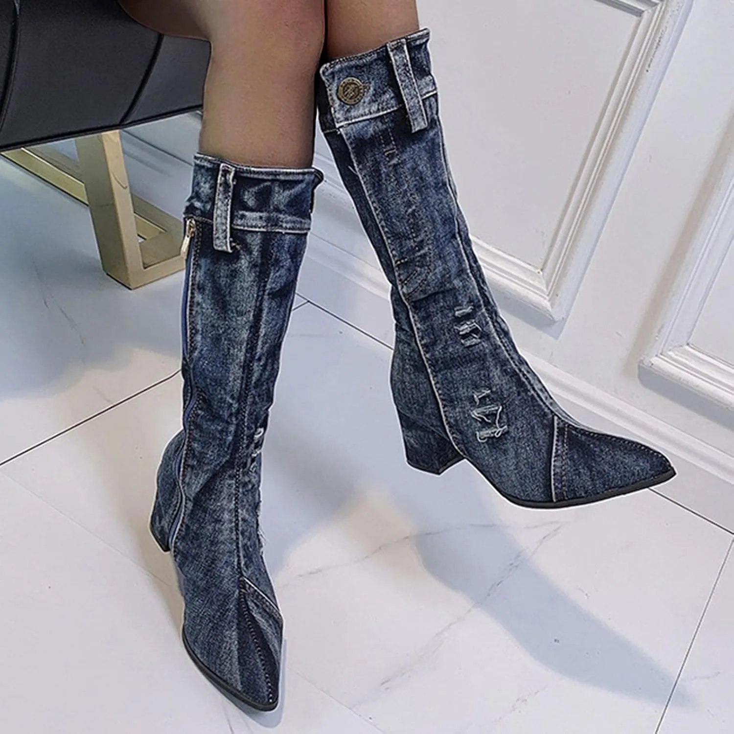 Hbeylia Knee High Jeans Tall Boots For Women Fashion Casual Punk Denim Pointed Toe Chunky Block Mid Heels Knee Length Long Boots Goth Winter Fall Dress Pump Boots For Ladies Night Party Favor