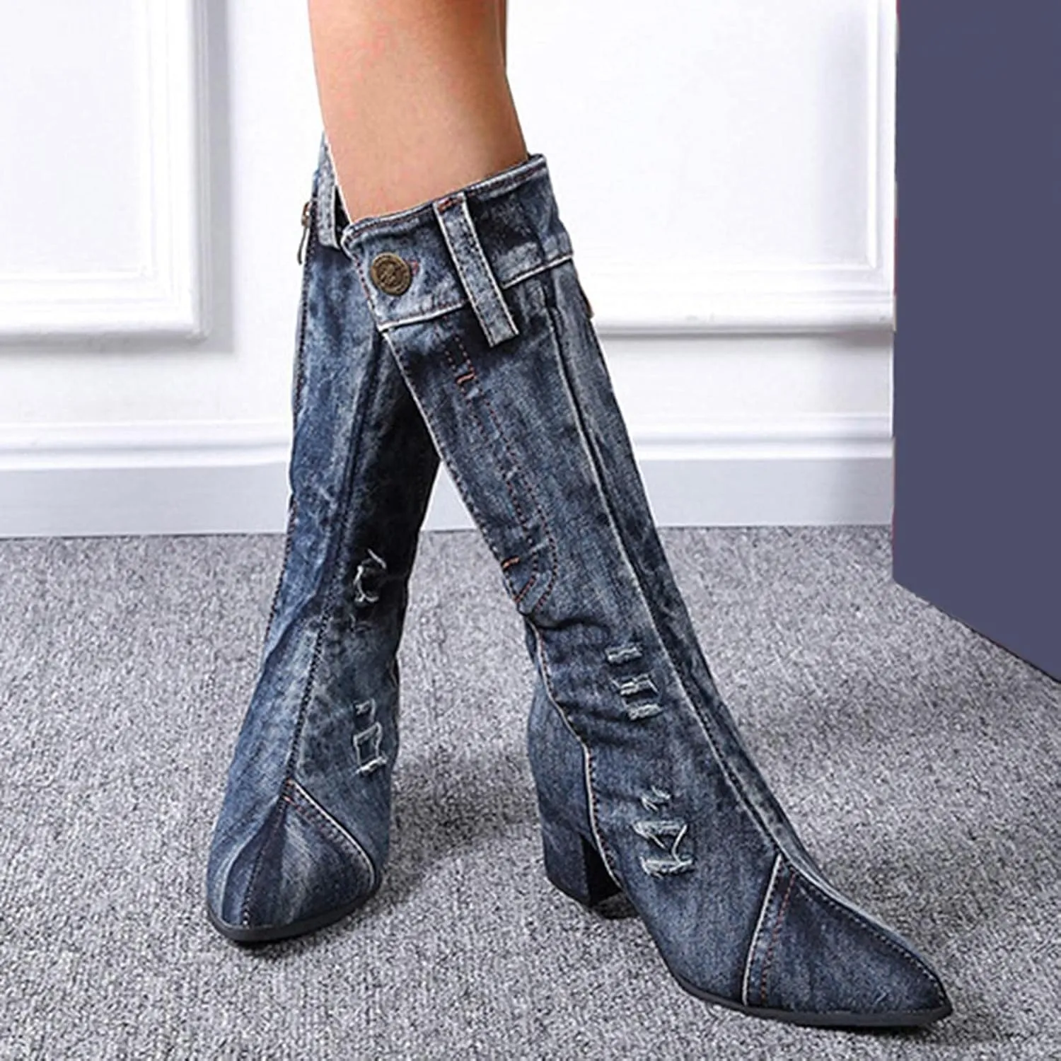Hbeylia Knee High Jeans Tall Boots For Women Fashion Casual Punk Denim Pointed Toe Chunky Block Mid Heels Knee Length Long Boots Goth Winter Fall Dress Pump Boots For Ladies Night Party Favor