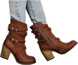 Hbeylia Leather Cowboys Cowgirls Boots For Women Fashion Slouchy Strap Belt Wrapped Chunky Block High Heels Wide Mid Calf Boots Vintage Western Dressy Pump Ankle Booties Riding Short Boots