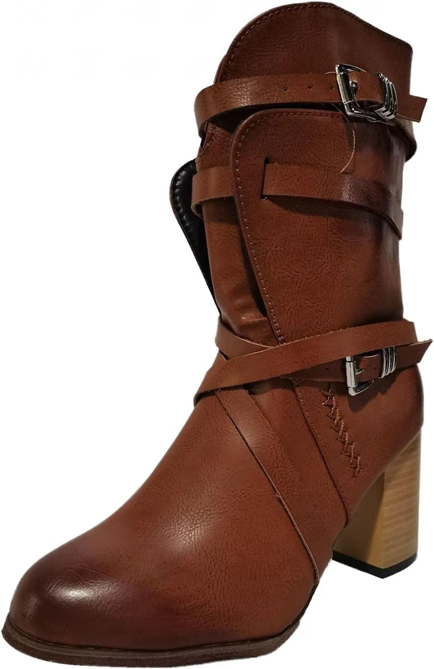 Hbeylia Leather Cowboys Cowgirls Boots For Women Fashion Slouchy Strap Belt Wrapped Chunky Block High Heels Wide Mid Calf Boots Vintage Western Dressy Pump Ankle Booties Riding Short Boots