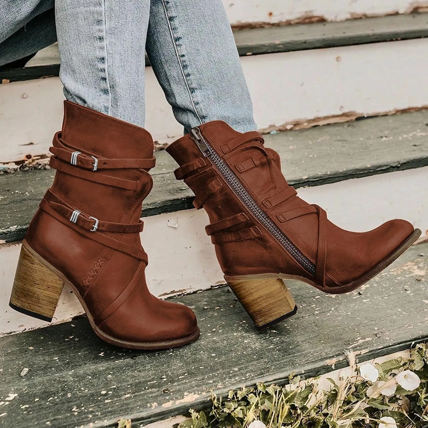 Hbeylia Leather Cowboys Cowgirls Boots For Women Fashion Slouchy Strap Belt Wrapped Chunky Block High Heels Wide Mid Calf Boots Vintage Western Dressy Pump Ankle Booties Riding Short Boots