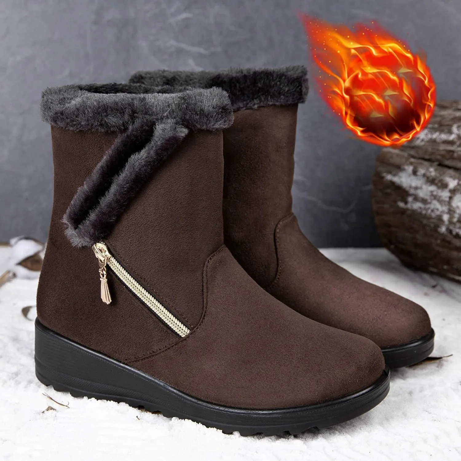 Hbeylia Platform Winter Snow Boots For Women Fleece Lining Flip Warm Wedge Chunky Block Mid Heels Ankle Boots With Side Zipper Thermal Plush Dress Pump Mid Calf Short Boots For Ladies Skirt