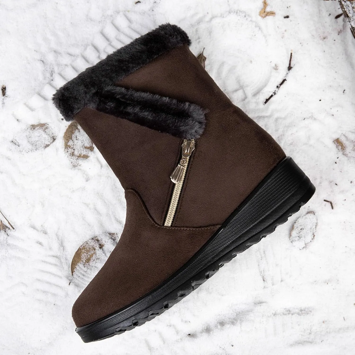Hbeylia Platform Winter Snow Boots For Women Fleece Lining Flip Warm Wedge Chunky Block Mid Heels Ankle Boots With Side Zipper Thermal Plush Dress Pump Mid Calf Short Boots For Ladies Skirt