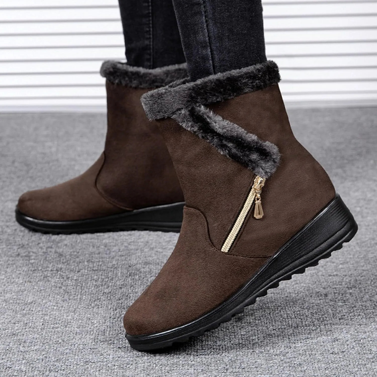 Hbeylia Platform Winter Snow Boots For Women Fleece Lining Flip Warm Wedge Chunky Block Mid Heels Ankle Boots With Side Zipper Thermal Plush Dress Pump Mid Calf Short Boots For Ladies Skirt