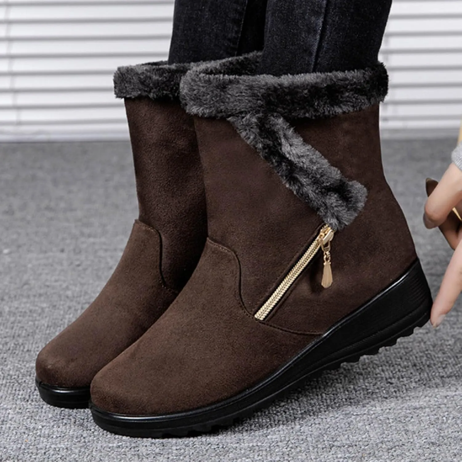 Hbeylia Platform Winter Snow Boots For Women Fleece Lining Flip Warm Wedge Chunky Block Mid Heels Ankle Boots With Side Zipper Thermal Plush Dress Pump Mid Calf Short Boots For Ladies Skirt