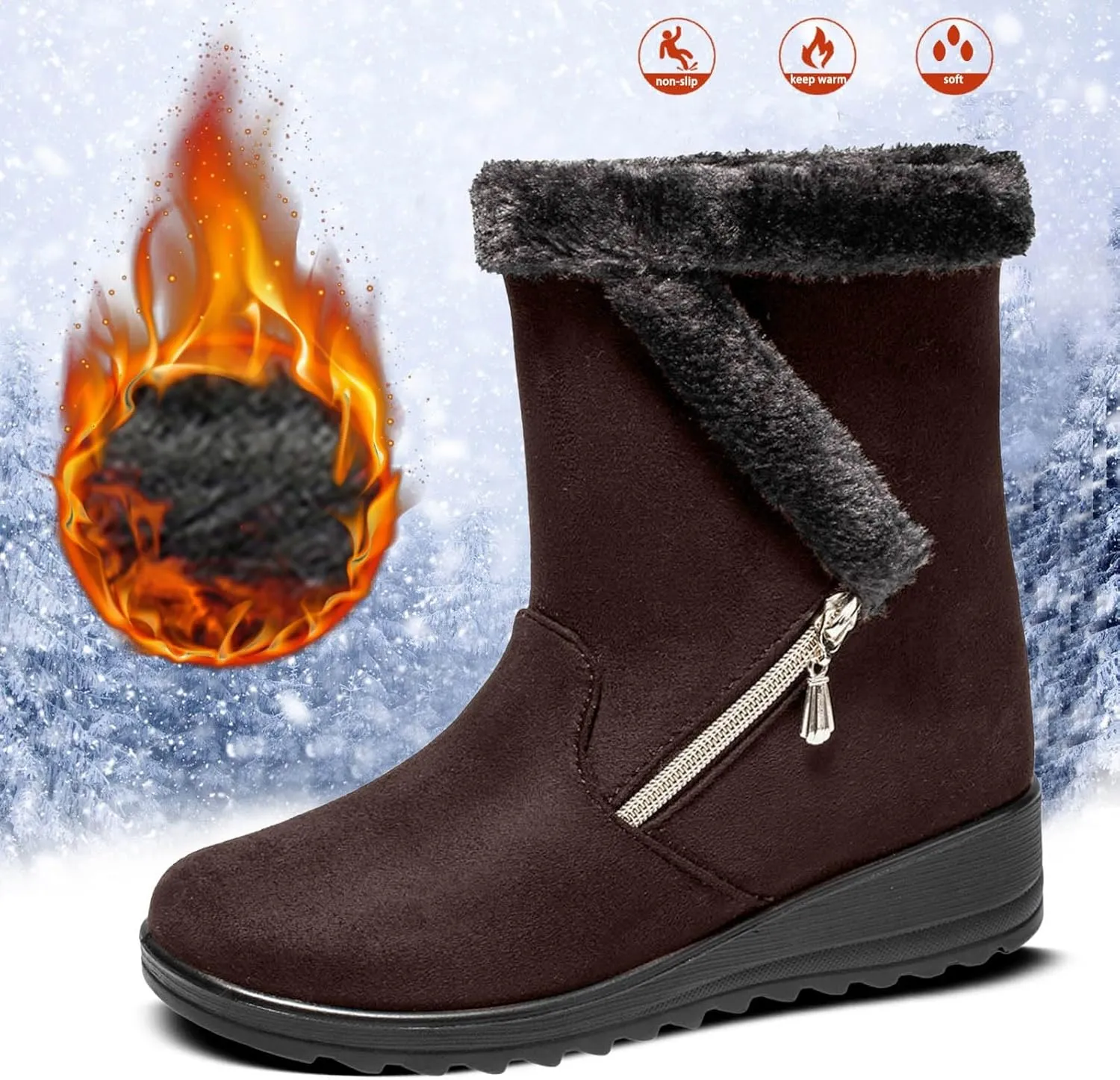 Hbeylia Platform Winter Snow Boots For Women Fleece Lining Flip Warm Wedge Chunky Block Mid Heels Ankle Boots With Side Zipper Thermal Plush Dress Pump Mid Calf Short Boots For Ladies Skirt