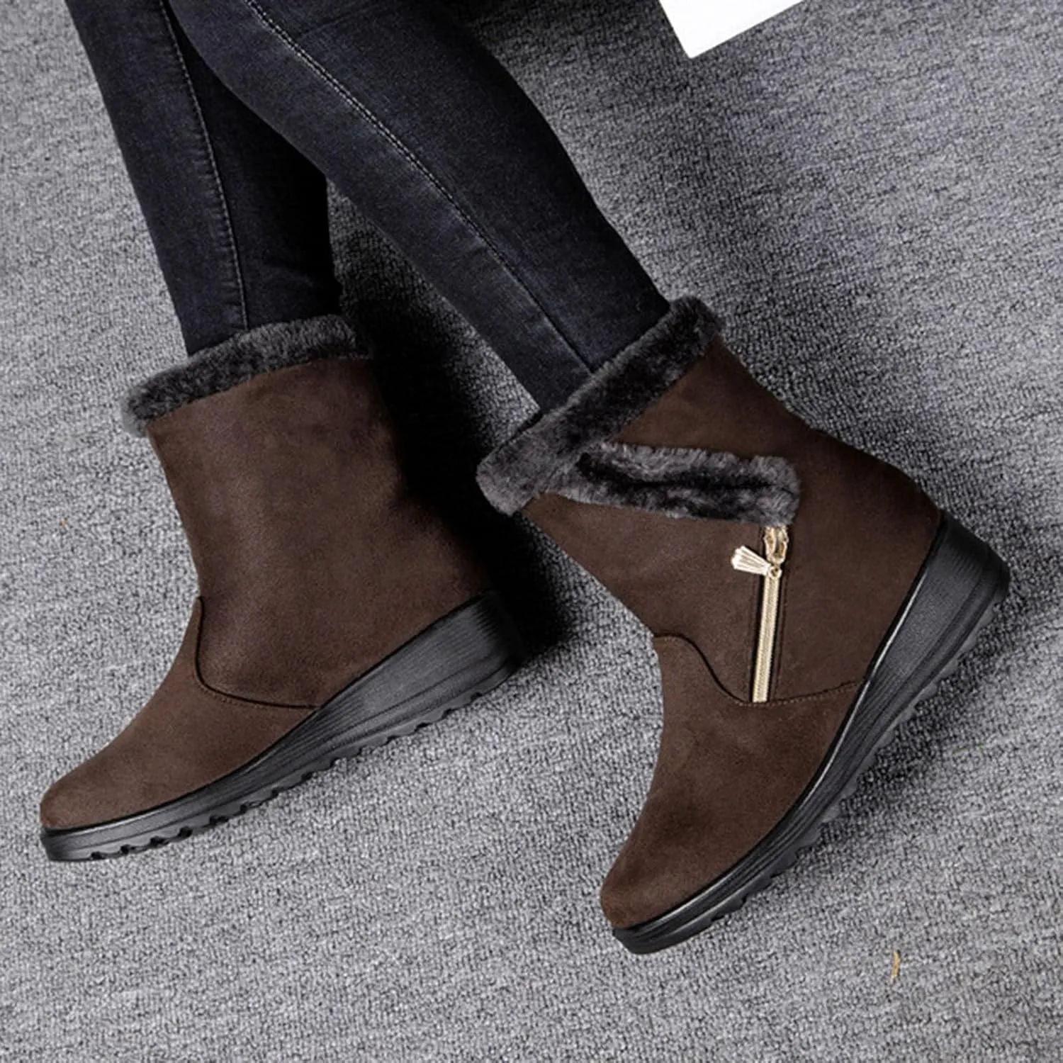 Hbeylia Platform Winter Snow Boots For Women Fleece Lining Flip Warm Wedge Chunky Block Mid Heels Ankle Boots With Side Zipper Thermal Plush Dress Pump Mid Calf Short Boots For Ladies Skirt