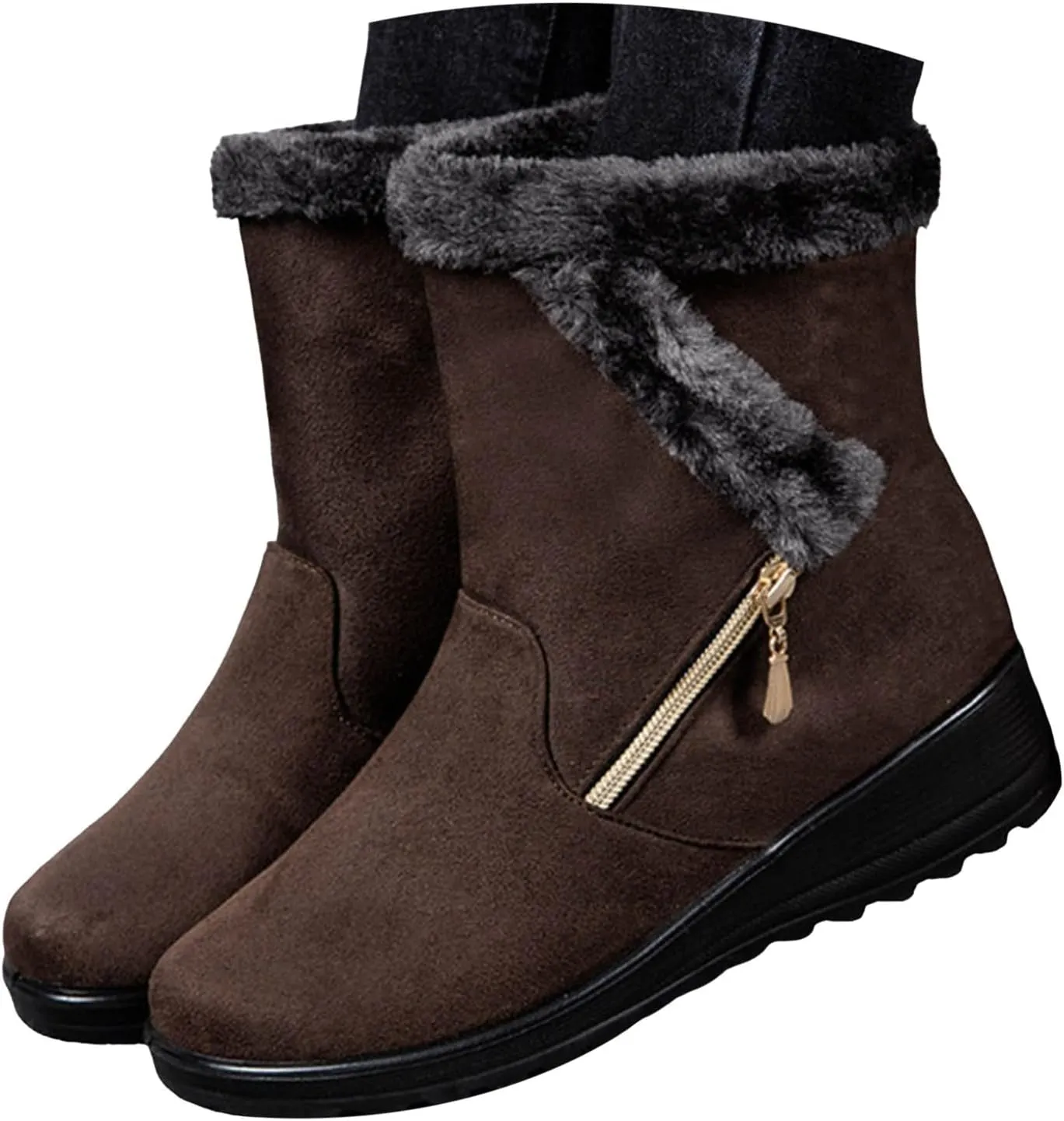 Hbeylia Platform Winter Snow Boots For Women Fleece Lining Flip Warm Wedge Chunky Block Mid Heels Ankle Boots With Side Zipper Thermal Plush Dress Pump Mid Calf Short Boots For Ladies Skirt