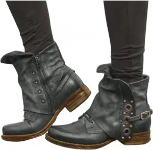 Hbeylia Vintage Boho Work Boots For Women Leather Studded Lace Up Metal Buckle Wrapped Wide Round Toe Chunky Block Low Heels Ankle Booties Bohemian Rivet Winter Fall Short Combat Boots For Riding