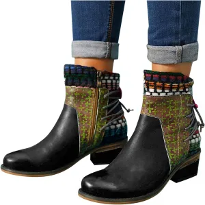 Hbeylia Vintage Boots For Women Ethnic Boho Leather Round Toe Lace Up Chunky Block Mid Heels Ankle Booties Bohemian Retro Steel Toe Dress Mid Calf Short Boots With Side Zipper For Ladies