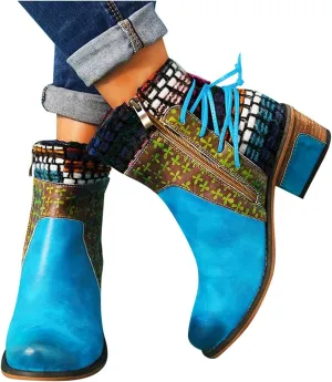 Hbeylia Vintage Boots For Women Ethnic Boho Leather Round Toe Lace Up Chunky Block Mid Heels Ankle Booties Bohemian Retro Steel Toe Dress Mid Calf Short Boots With Side Zipper For Ladies