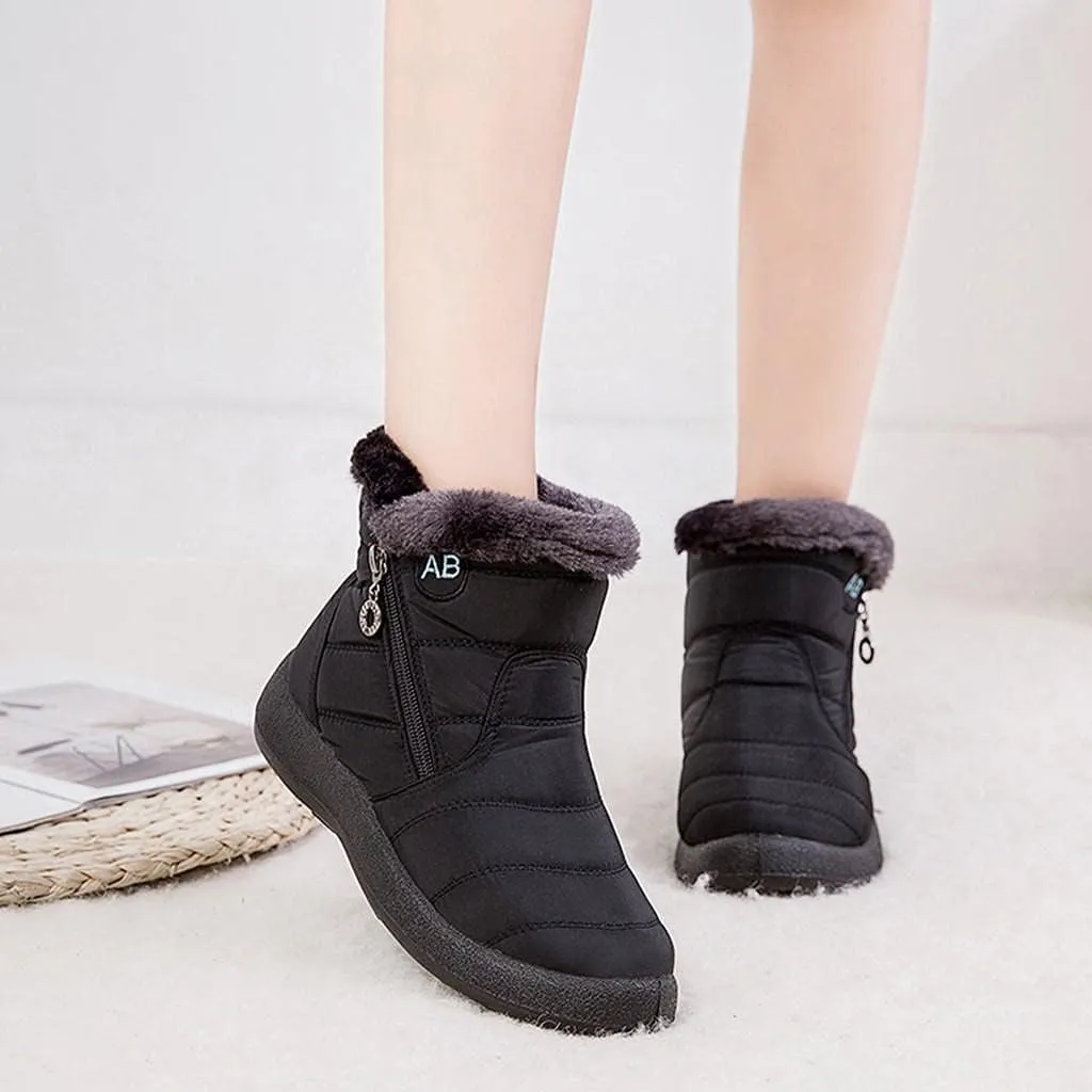 Hbeylia Winter Snow Boots With Fleece Lined Waterproof Thermal Non Slip Ankle Booties Soft Cozy Warm Plush Faux Fur Lining Zipper Slip On Flats Low Heel Mid Calf Short Boots Winter Shoes For Women
