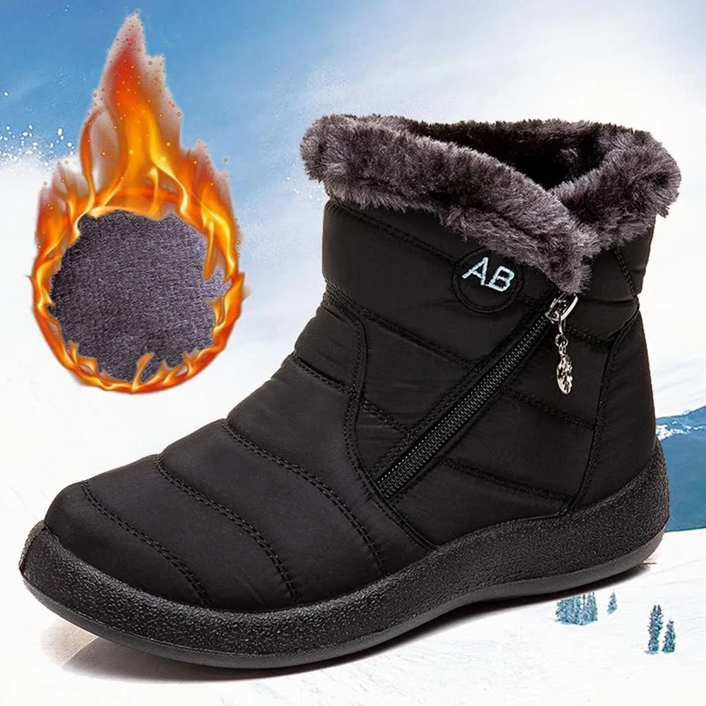 Hbeylia Winter Snow Boots With Fleece Lined Waterproof Thermal Non Slip Ankle Booties Soft Cozy Warm Plush Faux Fur Lining Zipper Slip On Flats Low Heel Mid Calf Short Boots Winter Shoes For Women