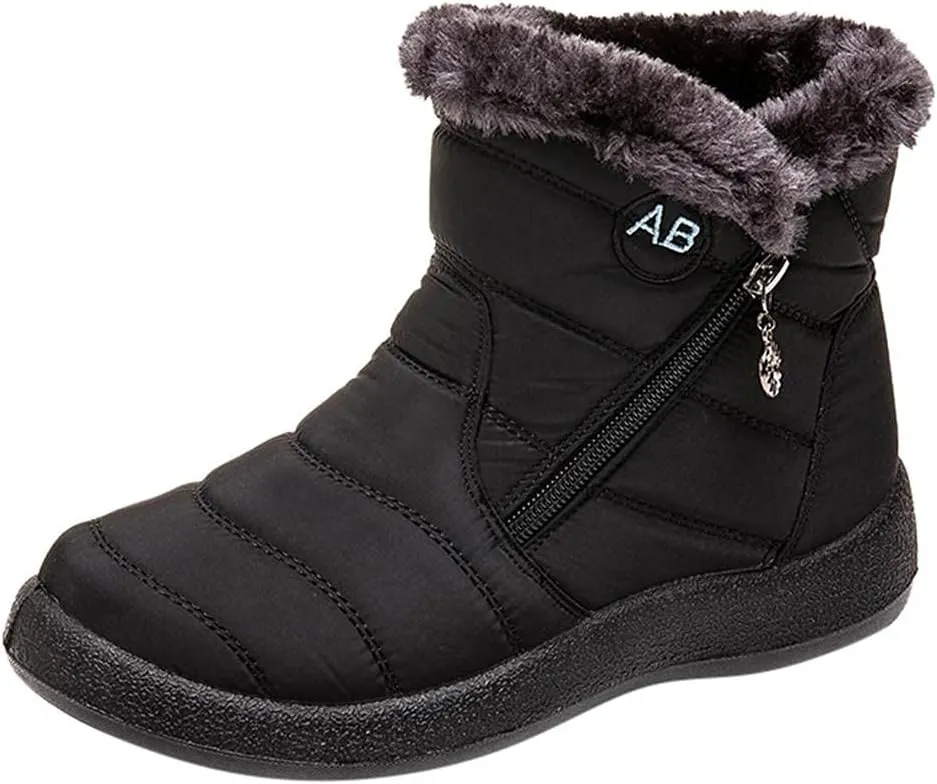 Hbeylia Winter Snow Boots With Fleece Lined Waterproof Thermal Non Slip Ankle Booties Soft Cozy Warm Plush Faux Fur Lining Zipper Slip On Flats Low Heel Mid Calf Short Boots Winter Shoes For Women