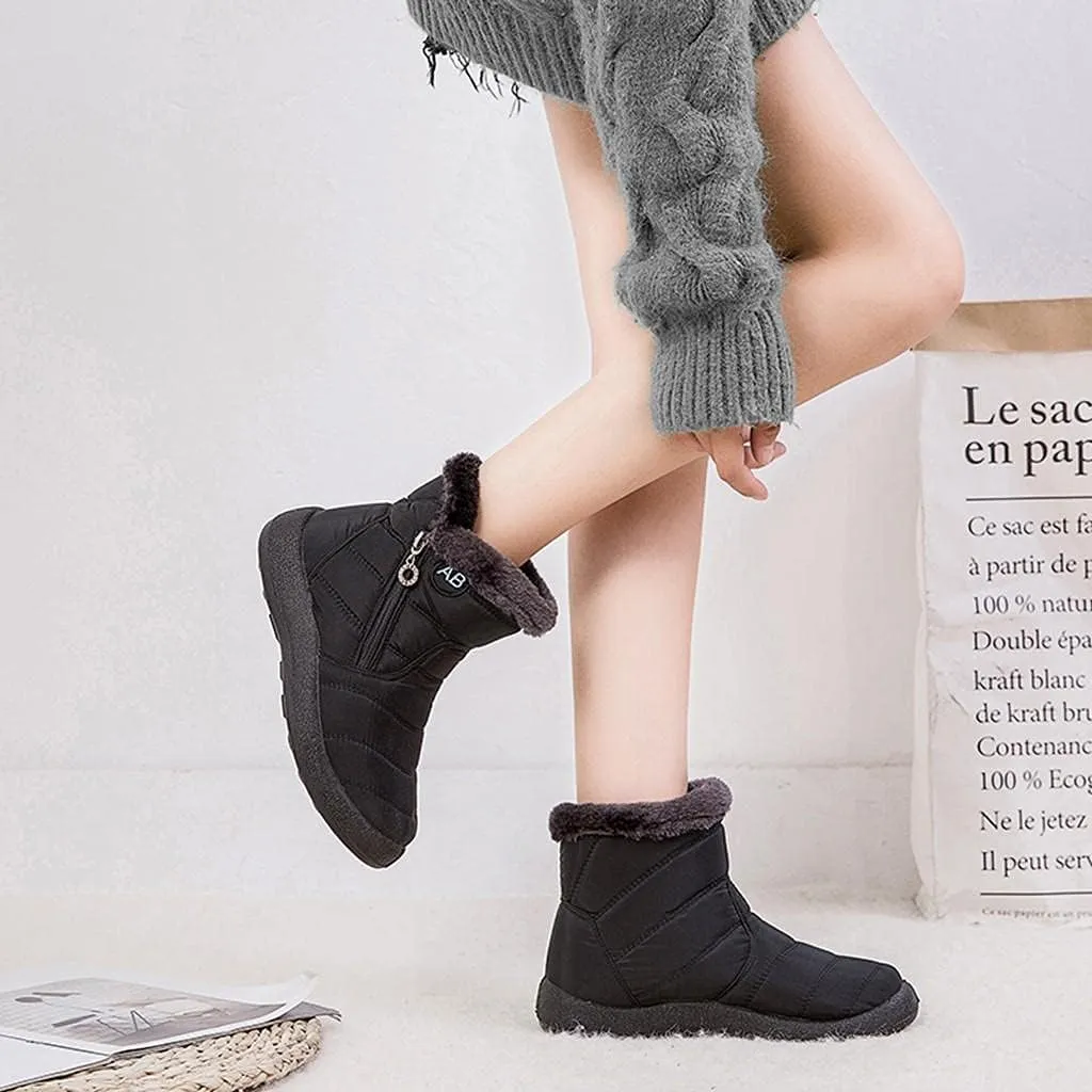 Hbeylia Winter Snow Boots With Fleece Lined Waterproof Thermal Non Slip Ankle Booties Soft Cozy Warm Plush Faux Fur Lining Zipper Slip On Flats Low Heel Mid Calf Short Boots Winter Shoes For Women