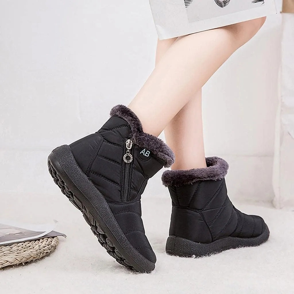 Hbeylia Winter Snow Boots With Fleece Lined Waterproof Thermal Non Slip Ankle Booties Soft Cozy Warm Plush Faux Fur Lining Zipper Slip On Flats Low Heel Mid Calf Short Boots Winter Shoes For Women