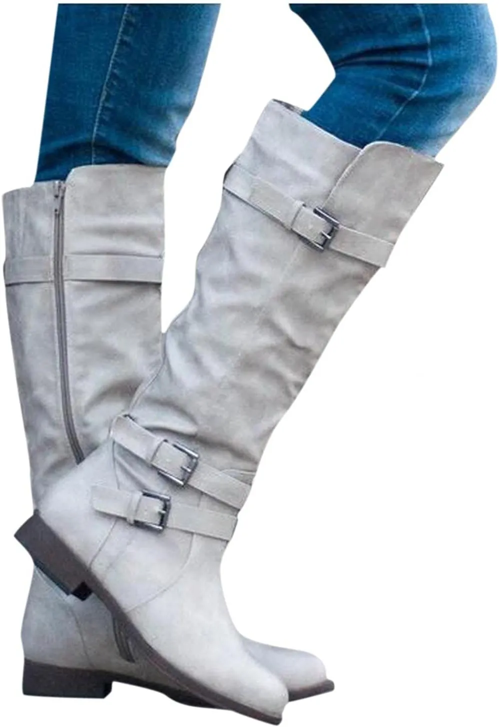 Hbeylia Women's Knee High Length Boots Fashion Slouchy Ruched Wide Over The Knee Boots Chunky Block Low Heels Flats Tall Boots With Side Zip Winter Warm Casual Dress Long Boots For Women Ladies