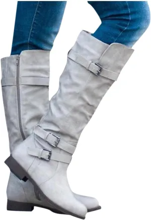 Hbeylia Women's Knee High Length Boots Fashion Slouchy Ruched Wide Over The Knee Boots Chunky Block Low Heels Flats Tall Boots With Side Zip Winter Warm Casual Dress Long Boots For Women Ladies