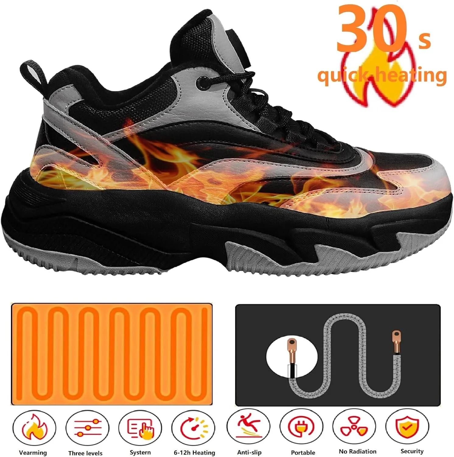 Heated Sports Shoes, Fever Suede Lining Sneakers for Men & Women 4000mAh Rechargeable Lithium Battery Power Supply 3 Temperature Settings Hiking Heating Device