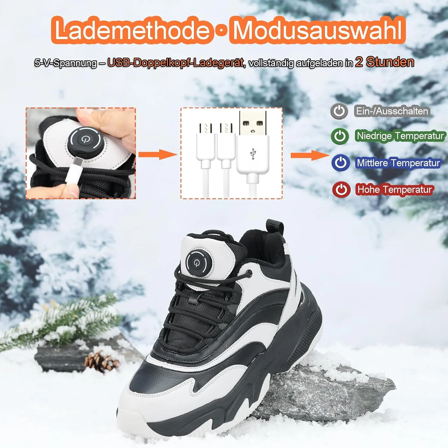 Heated Sports Shoes, Fever Suede Lining Sneakers for Men & Women 4000mAh Rechargeable Lithium Battery Power Supply 3 Temperature Settings Hiking Heating Device