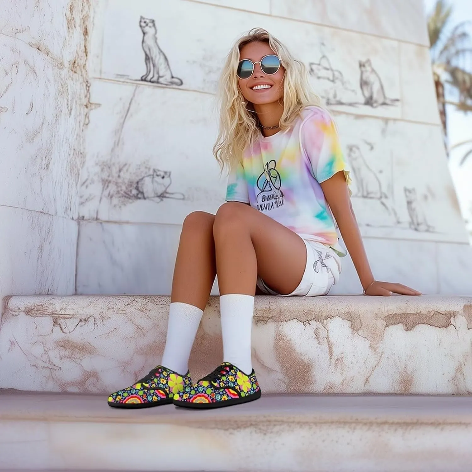 Hippie Flowers Casual Dress Barefoot Shoes Comfort Lace Up Zreo Drop Knit Sneaker Breathable Light Non Slip