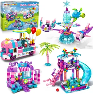 HOGOKIDS Girls Theme Park Building Set - 638 Pieces Friends Ice Cream Truck Building Block Kit 4 in 1 Model Princess Water Park Slide Toys for Kids Girls Boys Aged 6 7 8 9 10 Years Old