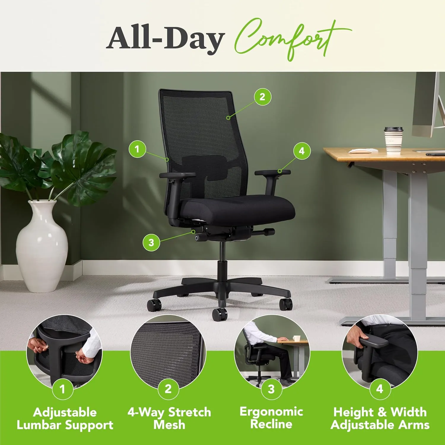 HON Ignition 2.0 Ergonomic Office Chair - Adjustable Tilt, Swivel Wheels, Comfortable for Long Hours - Home Office Desk Chair
