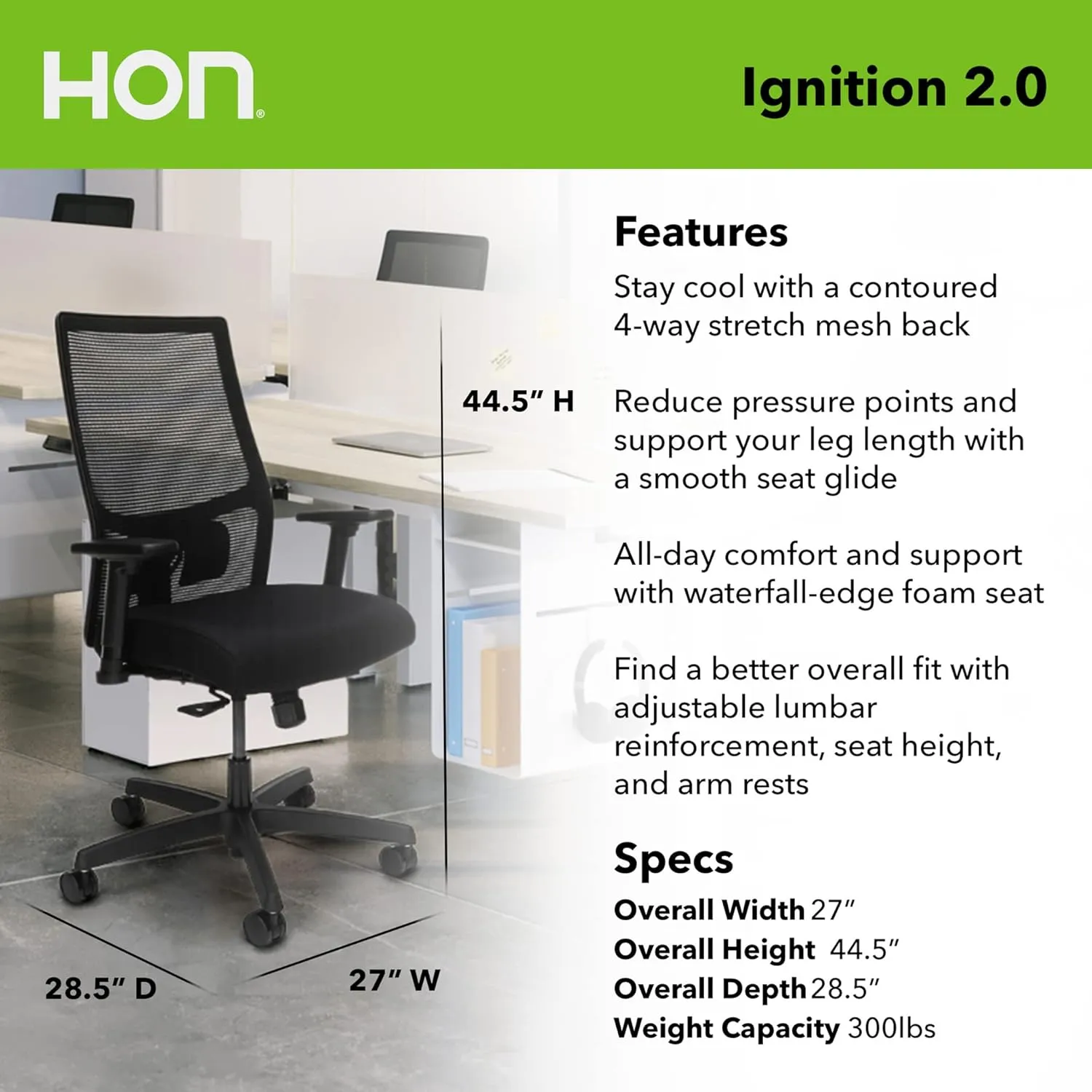 HON Office Desk Chair Ignition 2.0 - Ergonomic Desk Chair, Home Office Chairs, Adjustable Lumbar & Armrests, Seat-Slide, Back Support, Cushion, Swivel Wheels, Black