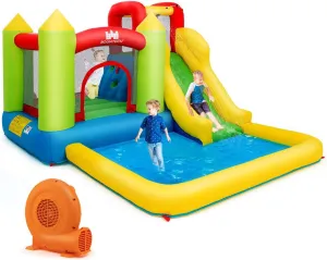 HONEY JOY Inflatable Water Slide, 5 in 1 Giant Water Bounce House Water Park w/Climbing Wall, Splash Pool, Outdoor Blow up Water Slides Inflatables for Kids and Adults Backyard(GFCI 550w Blower)