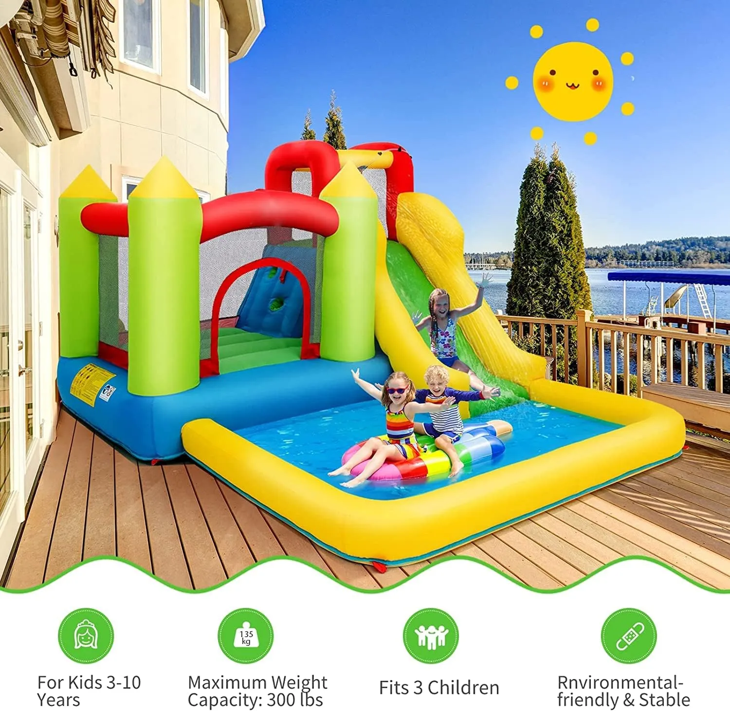 HONEY JOY Inflatable Water Slide, 5 in 1 Giant Water Bounce House Water Park w/Climbing Wall, Splash Pool, Outdoor Blow up Water Slides Inflatables for Kids and Adults Backyard(GFCI 550w Blower)