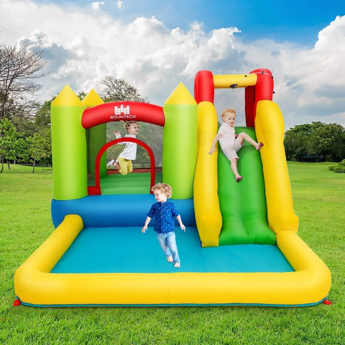 HONEY JOY Inflatable Water Slide, 5 in 1 Giant Water Bounce House Water Park w/Climbing Wall, Splash Pool, Outdoor Blow up Water Slides Inflatables for Kids and Adults Backyard(GFCI 550w Blower)