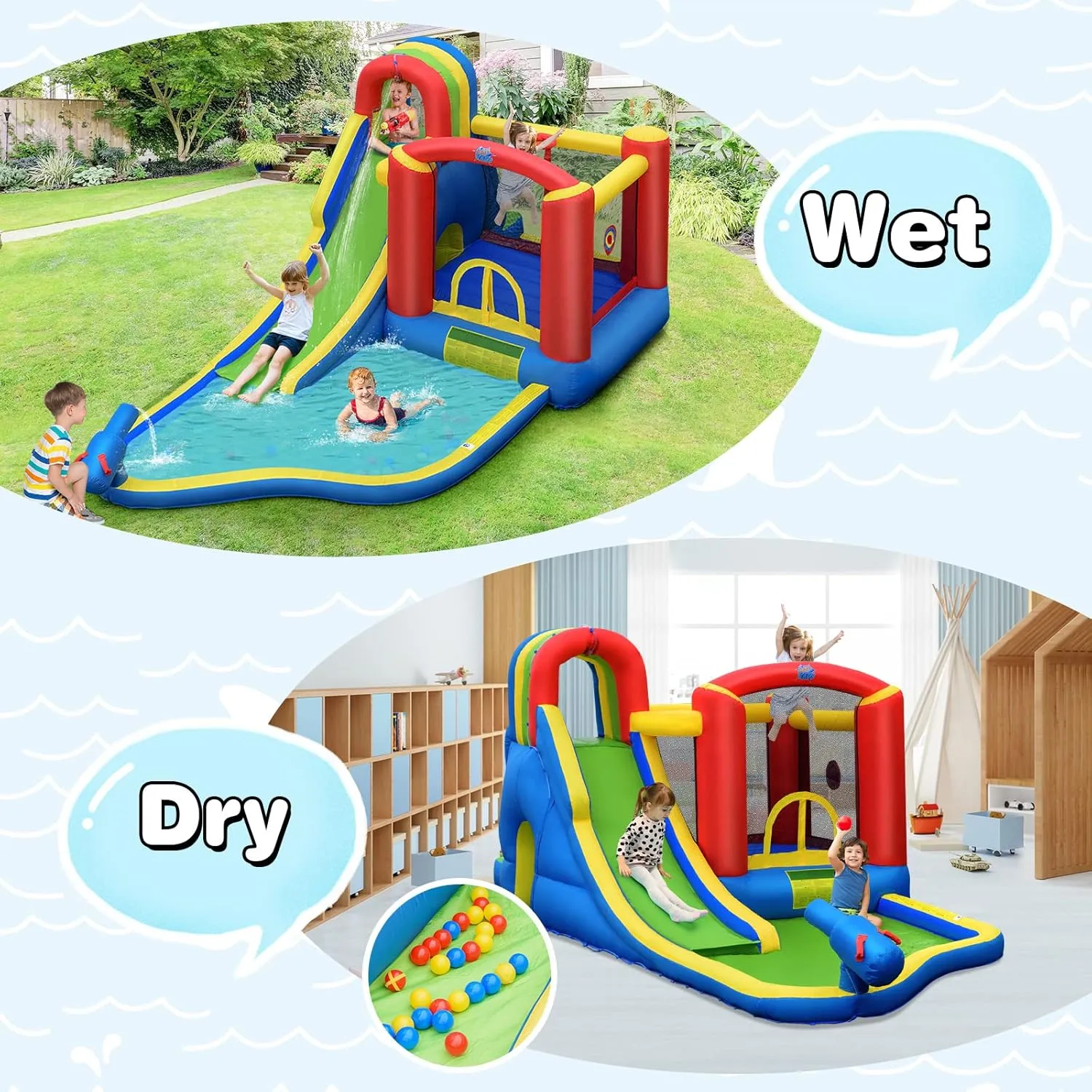 HONEY JOY Inflatable Water Slide, 7-in-1 Toddler Blow Up Bouncy Water Park, Giant Splash Pool, Outdoor Water Bounce House Water Slides Inflatables for Kids and Adults Backyard(Without Blower)