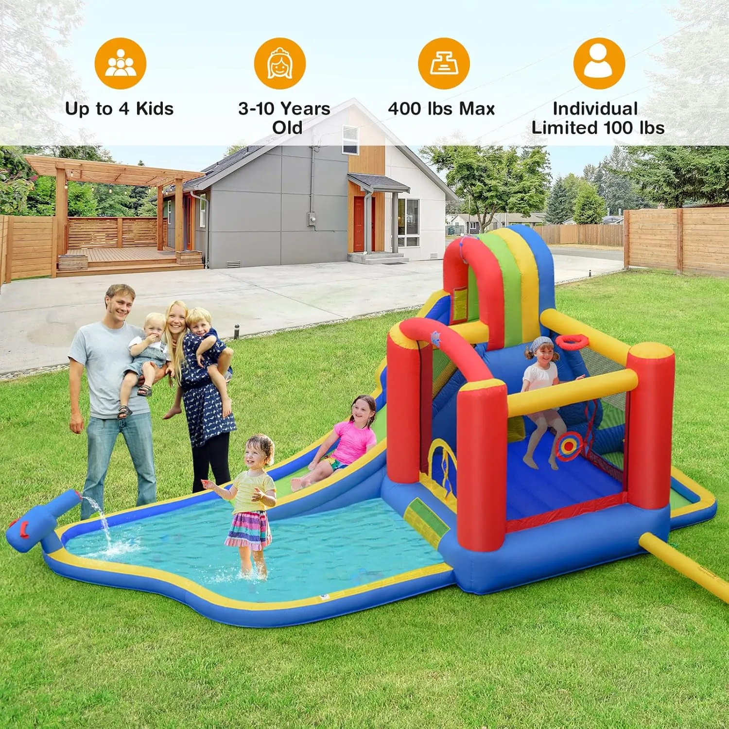 HONEY JOY Inflatable Water Slide, 7-in-1 Toddler Blow Up Bouncy Water Park, Giant Splash Pool, Outdoor Water Bounce House Water Slides Inflatables for Kids and Adults Backyard(Without Blower)