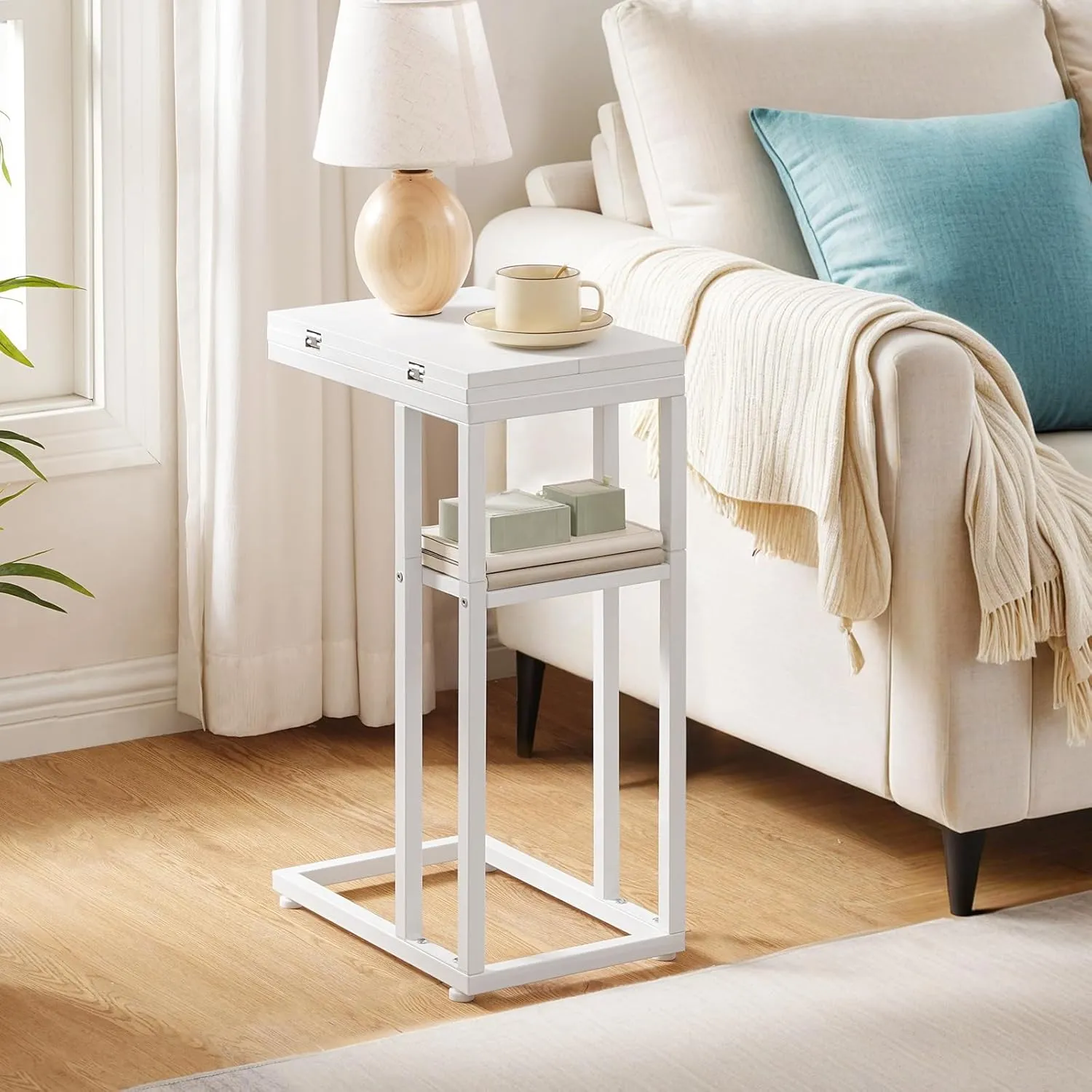 HOOBRO Foldable End Table, C Shaped Side Table with Storage Shelf, Small Snack Table Suitable for Living Room Bedroom Small Spaces, Easy Assembly, White WW29SF01