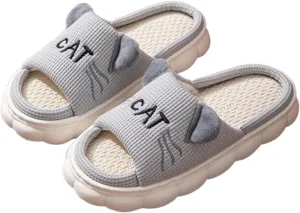 House Cat Ears Slippers for Women Open Toe Non-slip Indoor Outdoor Slide with Comfortable Sole,Cotton and Linen Shoes Breathable Home