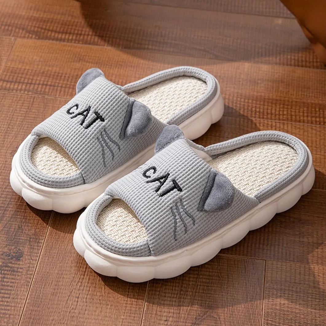 House Cat Ears Slippers for Women Open Toe Non-slip Indoor Outdoor Slide with Comfortable Sole,Cotton and Linen Shoes Breathable Home