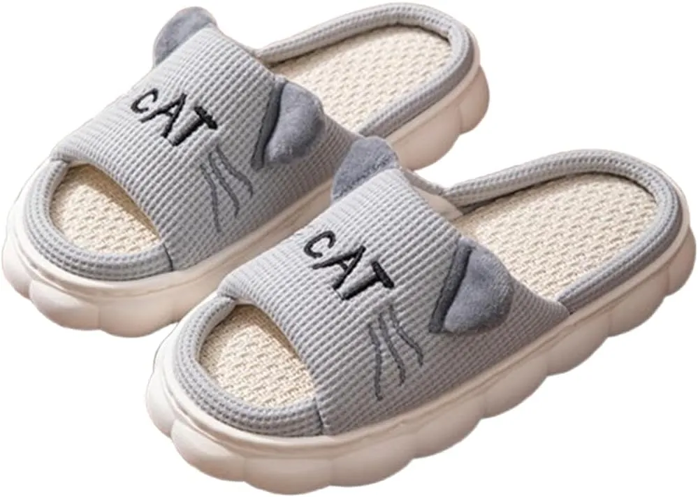 House Cat Ears Slippers for Women Open Toe Non-slip Indoor Outdoor Slide with Comfortable Sole,Cotton and Linen Shoes Breathable Home