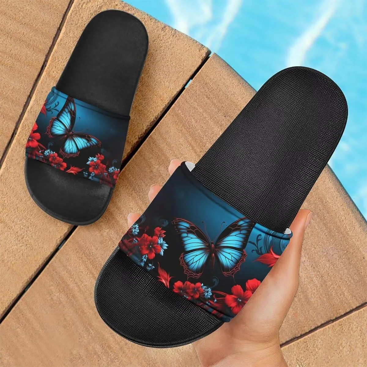 Howilath Blue Butterfly Print Summer Slide Slippers for Men Women Kid, Sunflower Colorful Tie-dye Animals House Slippers Slide Sandal Non-Slip Light Weight