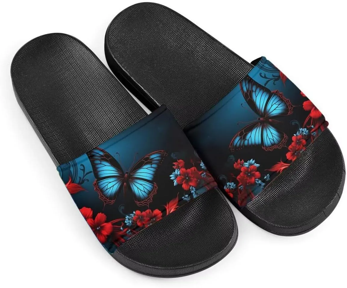 Howilath Blue Butterfly Print Summer Slide Slippers for Men Women Kid, Sunflower Colorful Tie-dye Animals House Slippers Slide Sandal Non-Slip Light Weight