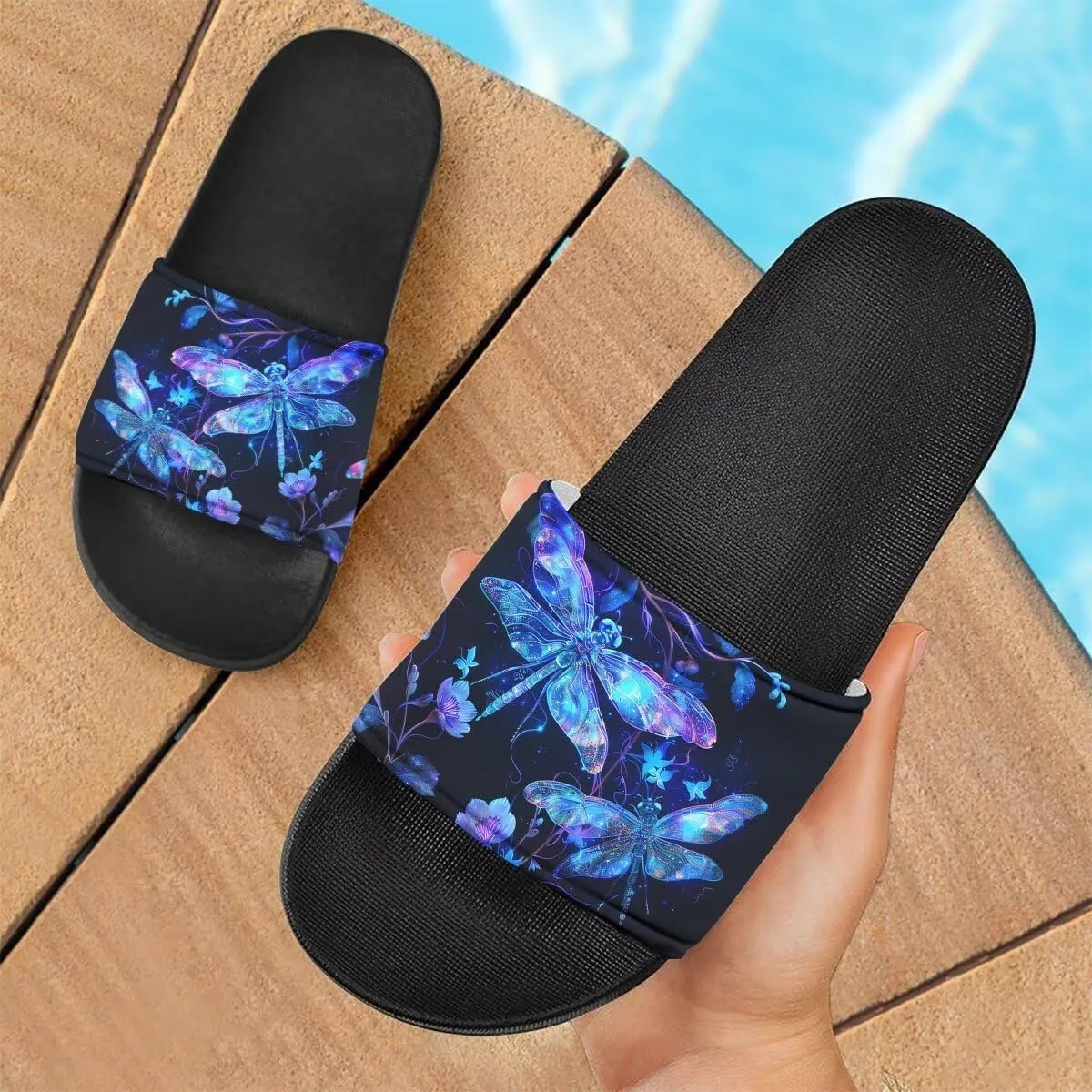 Howilath Blue Butterfly Print Summer Slide Slippers for Men Women Kid, Sunflower Colorful Tie-dye Animals House Slippers Slide Sandal Non-Slip Light Weight