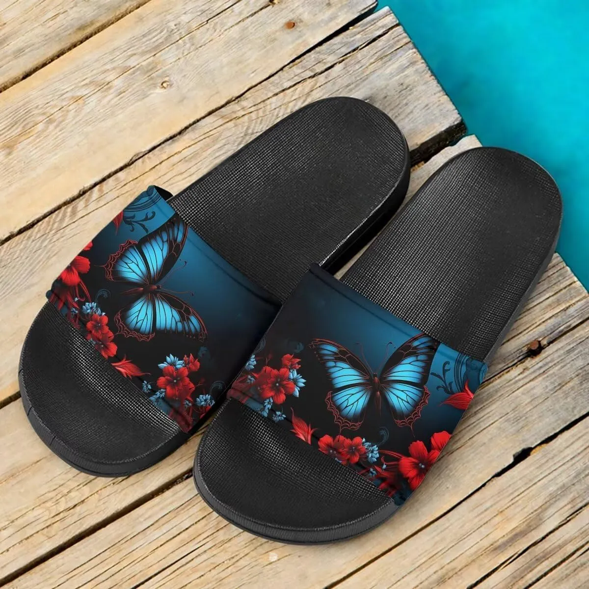 Howilath Blue Butterfly Print Summer Slide Slippers for Men Women Kid, Sunflower Colorful Tie-dye Animals House Slippers Slide Sandal Non-Slip Light Weight