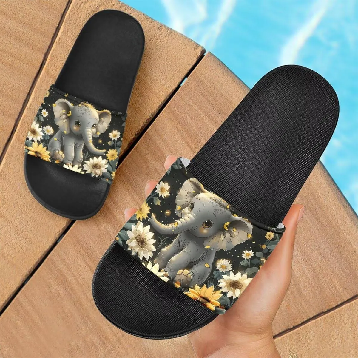 Howilath Cute Animal Women's Classic Open Toe Single Band Slip-On Flat Slide Sandal, Mandala Galaxy Butterflies Colorful Design Women Shower Slippers