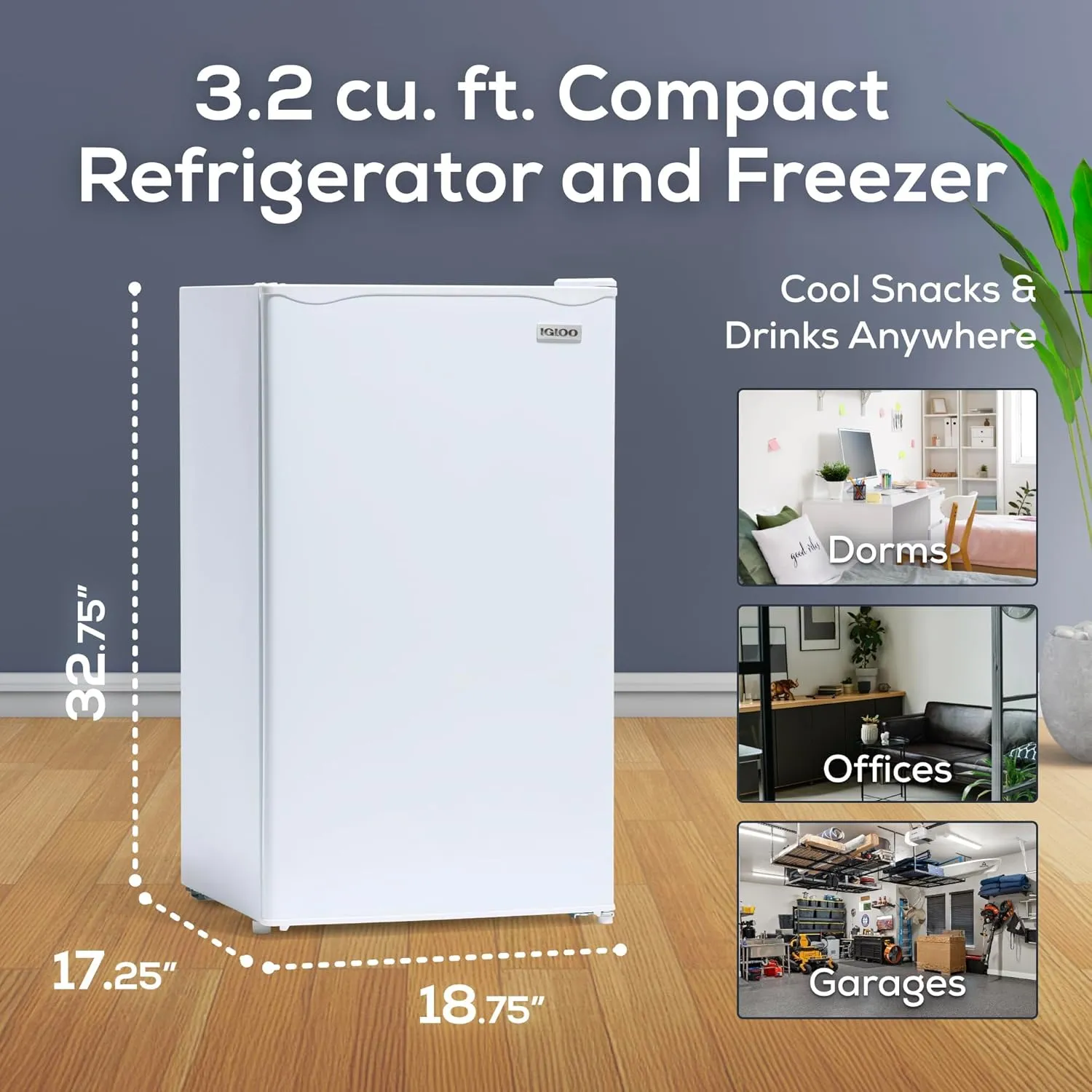 Igloo 3.2 Cu.Ft. Single Door Compact Refrigerator with Freezer, Slide Out Glass Shelf, Perfect for Homes, Offices, Dorms, White