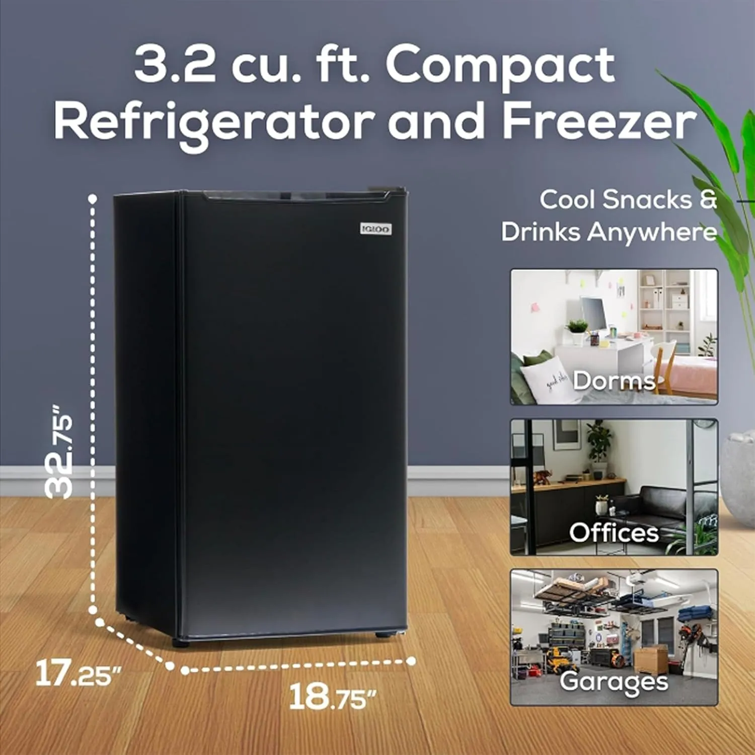 Igloo IRF32BK Single Door Compact Refrigerator with Freezer, Slide Out Glass Shelf, Perfect for Homes, Offices, Dorms, 3.2 Cu.ft